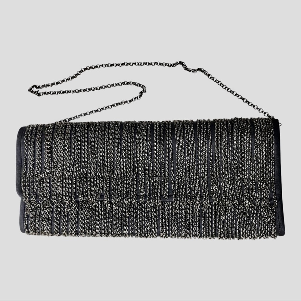 Santi Silver-Tone Fringe Black Clutch With Chain
